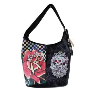 Ed Hardy Love Kills Slowly Rose Skulls Rhinestones Shoulder Bag Black NEW